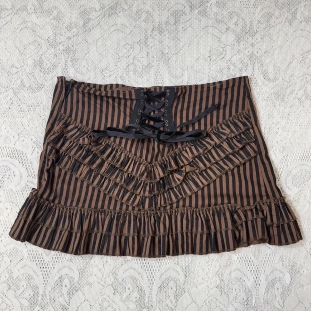 Spin Doctor Brown Black Striped Steampunk Gothic Ruffle Mini Skirt Large g5